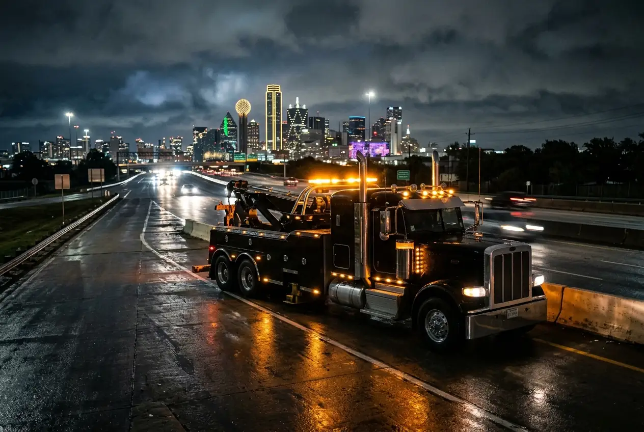 Roadguard tow truck at night in DFW